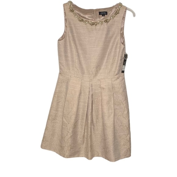 Tahari Sharon Fit & Flare Beaded Cocktail Dress 12 NWT Taupe Beige Party Classy - Picture 1 of 15